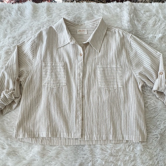 Allie Rose Beige Striped Linen set w/Beige Workshop tank sweater 3 piece set - Picture 7 of 16